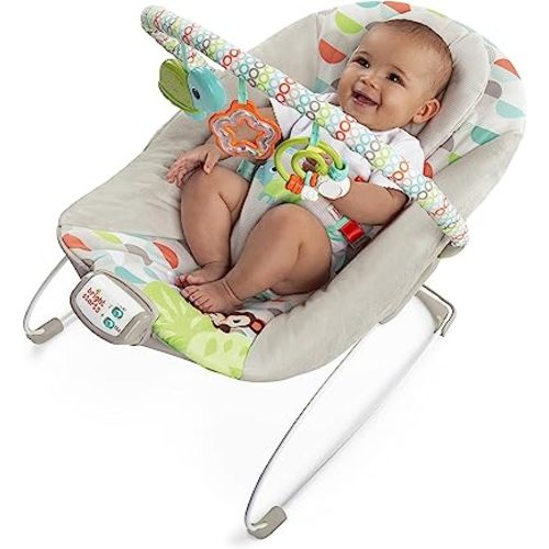 Bright Starts Baby Bouncer Soothing Vibrations Infant Seat - Taggies, Music, Removable -Toy Bar, 0-6 Months Up to 20 lbs (Happy Safari)