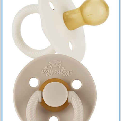 Itzy Ritzy Natural Rubber Newborn Pacifiers – Baby Pacifiers with Cherry-Shaped Nipple & Large Air Holes for Added Safety - Set of 2 Binkies in Coconut & Toast (Ages 0 – 6 Months)