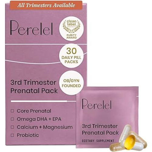 Perelel 3rd Trimester Prenatal Pack, Multivitamin with Magnesium, Omega 3, Probiotics & Calcium, Nutritional Support for Third Trimester Wellness, Soy & Gluten Free, Non GMO, 30 Daily Pill Packs