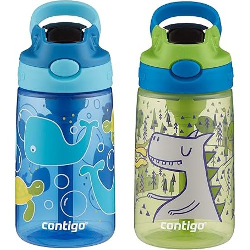 Contigo Aubrey Kids Water Bottle with Silicone Straw and Spill Proof Lid, 14oz, 2-Pack, Whales & Dragon, Blue & Green