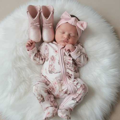 BEST SELLER - Western Baby Girl Sleeper Water Color Cowboy Boot Print for your little Cowgirl Infant Pajamas Shower Gift Convertible Hands
