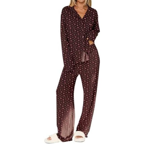 Dressmine Ladies Long Sleeve Cute Pajama Sets 2 Piece Fall Outfits Button Up Pjs Set Loungewear