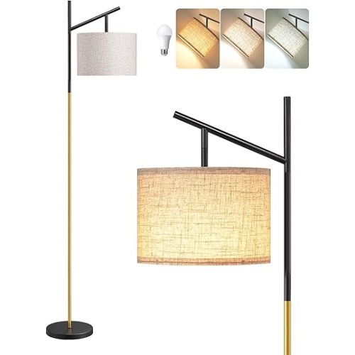 EDISHINE Modern Floor Lamps for Living Room, 64.7" Minimalist Standing Lamp with 3 Color Temperatures Bulb & Adjustable Linen Shade, Foot Pedal Switch, Arc Tall Lamp for Bedroom Office, Black Gold