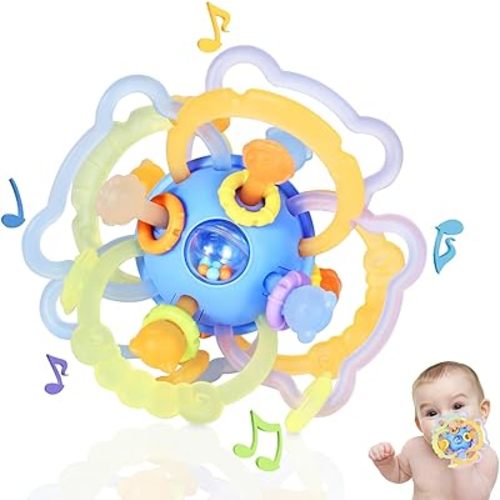 Baby Sensory Teething Toys, Baby Montessori Teether Toys for 0 3 6 9 12 18 Months, Silicone Tummy Time Toy with Rattle Ball for Newborn Infant, Learning Delopmental Gift for Boys Girls, Blue