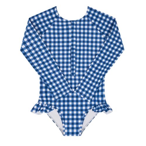 girls navy picnic gingham front zip rashguard one piece