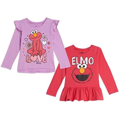 Sesame Street Girls' 2-Pack Long Sleeve Ruffle T-Shirts for Baby & Kids