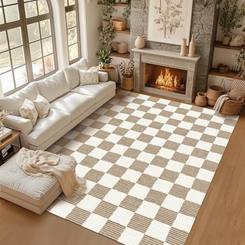 Checkered Area Rug 6'×9' Brown Washable Large Living Room Rug Geometry Neutral Line Non-Slip Soft Bedroom Carpet Dining Room Nursery Home Office Indoor Decor