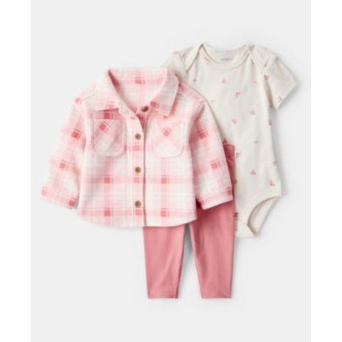 Baby Girls Plaid Fleece Jacket, Printed Bodysuit & Pants, 3 Piece Set