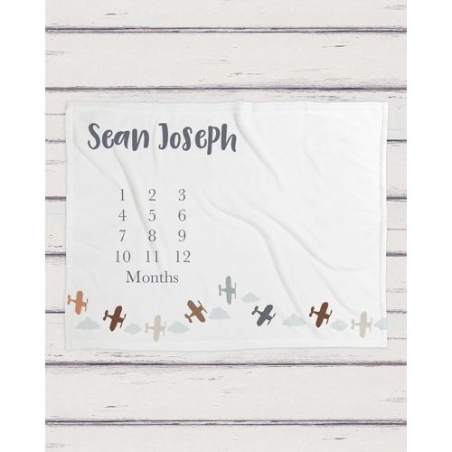 Baby Milestone Personalized Blankets, Custom Flying Colorful Airplane Name Milestone Baby Blanket, Custom Name, Fleece Sherpa, Thin Slight, Shower Gift