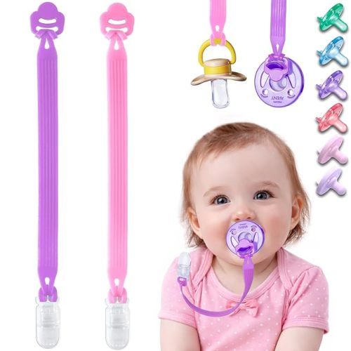 Silicone Pacifier Clip with Adapter Ring for Philips Avent Soothie, 2 Pack One-Piece Soft Binky Clips Holder for Baby Girls Boys, Anti-Loss Paci Clips for Baby Shower Newborn Essentials,Pink Purple