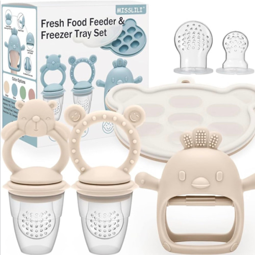 4 Pack Silicone Teething Mitten for Babies with Baby Fruit Food Feeder & Freezer Tray Set, BPA Free Infant Teething Relief Toy for 3 Month+, Additional Silicone Sacs