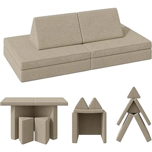 4PCS Modular Kids Sofa, Sectional Children Play Couch with Removable Cover, Creative Toddler Playroom/Bedroom Furniture, Convertible Foam and Floor Cushion for Girls Boys, Khaki
