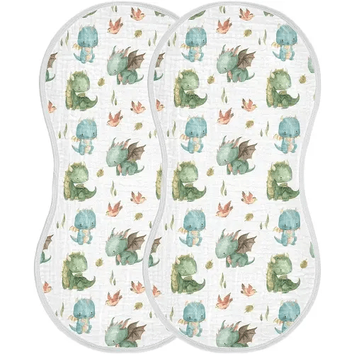 Burbuja Cute Dragon Muslin Baby Burp Cloths, Soft & Absorbent Cotton Burping Rags for Newborn Boys & Girls, 2 Pack
