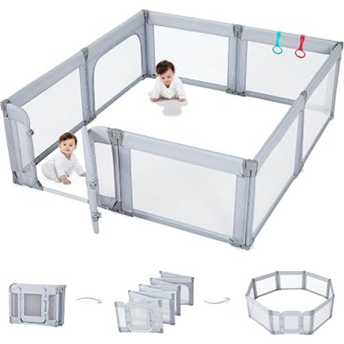 Doradotey Baby Playpen with Walk-in Door, Foldable Adjustable 8-Panel Play Yard for Babies & Toddlers, Large Safety Playpen with 360° Breathable Mesh, Anti-Slip Suction Cups, Indoor