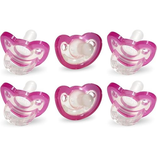 RaZbaby JollyPop Baby 0-3m Pacifier Plus (Pink) 6 Pack for Newborns & Babies - Soft BPA Free Medical Grade Silicone - Dishwasher Safe Easy to Sterilize - Durable One Piece Construction USA Made