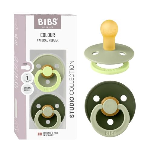 BIBS Colour Studio Pacifier 2-Pack, BPA Free, Round Nipple. Natural Rubber Latex, Made in Denmark, Size 1 (0-6 Months) - Sage/Huntergreen