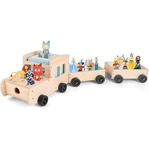 Storage & Play Car for Toniebox and Tonie Figures Storage Shelf (Wooden Trailer), Magnetic Shelves Compatible with Tonie Box Player Character for Children Room (Natural, Car)