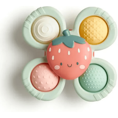 Itzy Ritzy Pop & Whirl – Fidget Spinner Travel & Bath Toy for Babies & Toddlers – Fidget w/Textured Silicone Popper to Develop Fine Motor Skills –Sticks to Highchairs, Tables, Tubs, More (Strawberry)