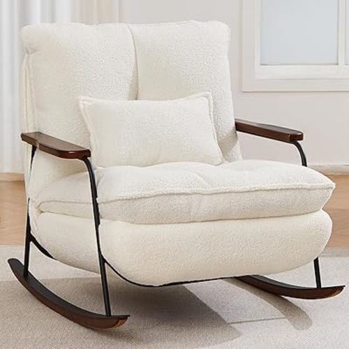 zyz Nursery Rocking Chair with Pillow, Teddy Upholstered Oversized Accent Chair Rocker Recliner, Solid Wood Frame, DIY Ottoman Footrest, Lazy Sofa for Living Room Bedroom (Teddy, White)
