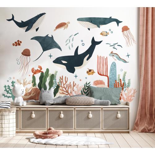 Ocean Animal Wall Decals , Sea Life Wall Stickers, Watercolor Sea Life Nursery Decor, Kids Room Wall Art