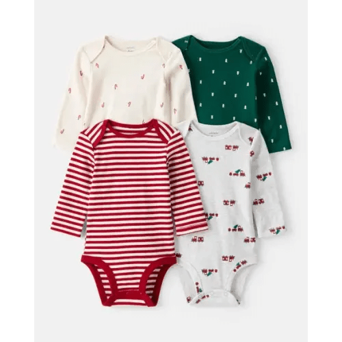 Baby Boy 4-Pack Christmas Print Long-Sleeve Multipack Bodysuits - White/Green - Carter's | Carter's