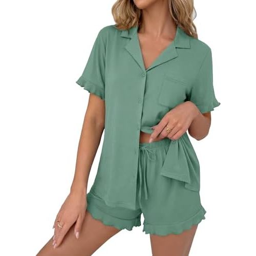 Ekouaer Pajamas Set for Women Button Down Pjs Lounge Sets Ruffle Short Sleeve Sleepwear Cute Loungewear