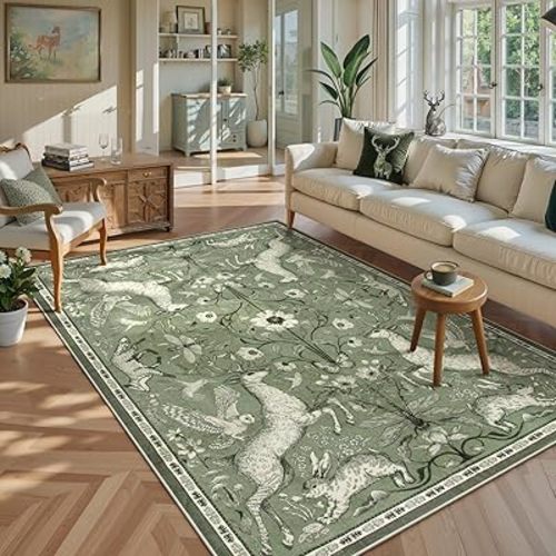 Lahome Boho Animal 5x7 Washable Living Room Area Rugs, Green Soft Rugs for Bedroom, Botanical Large Boho Non Slip Dining Room Carpet for Under Table Entryway Kitchen Office (5x7ft,Green)