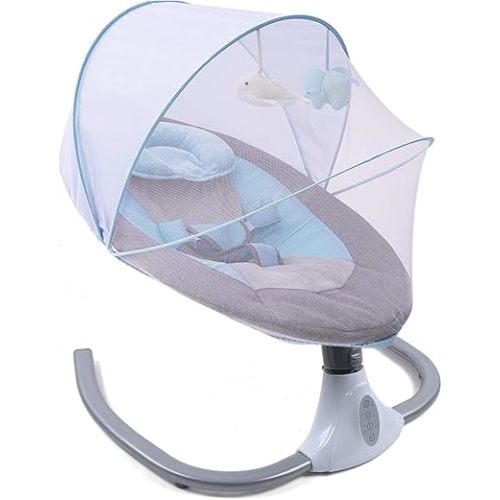 TFCFL Baby Swings for Infants, Foldable Infant Swing Chair Baby Bouncer 4-Speeds with Music Speaker, Controller, Netting, Hanging Toys, Seat Cover, Pillow or 0-12 Months Newborn Babies (Blue)