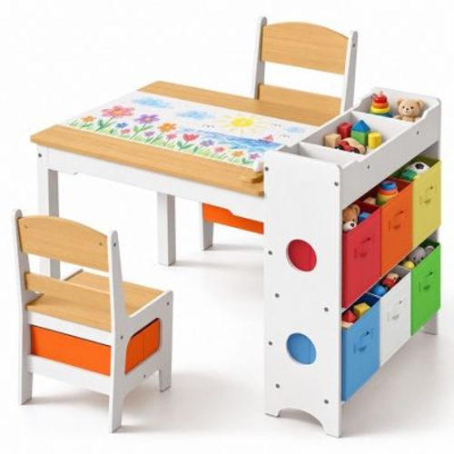 Kinder King Kids Table and Chair Set with Storage – Toddler Activity Desk with 8 Bins & Paper Roll for Drawing, Reading, Crafts & Snacks
