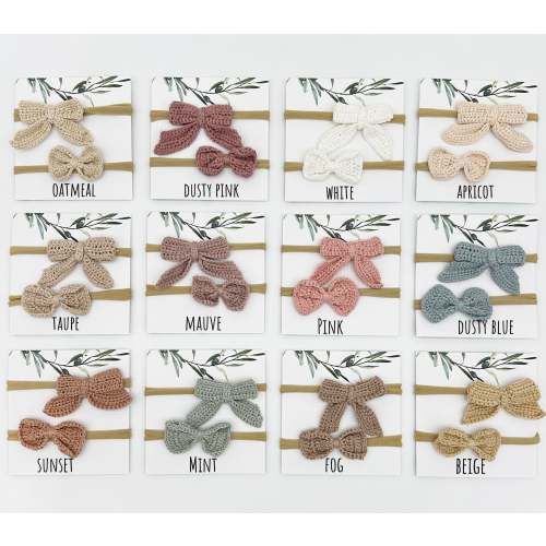Crochet Hair Bow Tie Baby Headband 2pc set – Olive and Cradle color: sunset