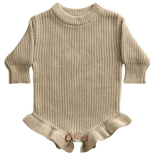XIMIN Infant Baby Girls Ruffled Knit Romper Crewneck Long Sleeve Thick Basic Plain Cute Sweater Bodysuit Fall Winter Warm Pullover Jumpsuit