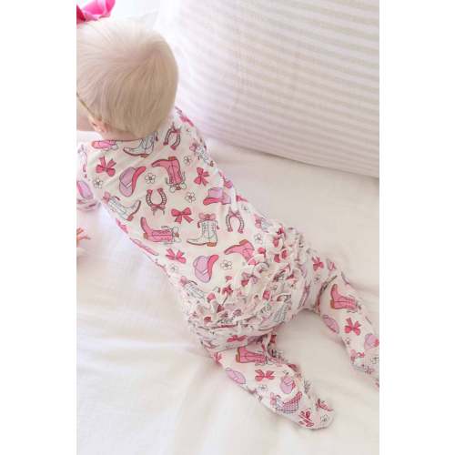 Rodeo Dreams Ruffle Zipper Footie in Pink | Caden Lane