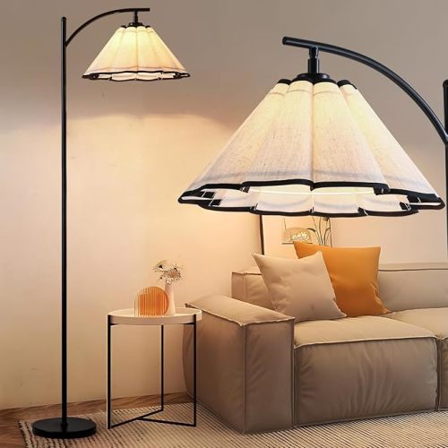 Floor Lamp with Pleated Linen Lampshade, Modern Flower Floor Lamp for Living Room Arc Standing Lamp, Gold Tall Lamp for Bedroom Office Dining Room, Bulb Included (Gold + Flax Color, 66.1IN)