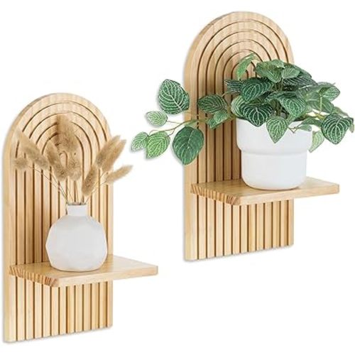 Boho Shelf Wall Decor - Bohemian Floating Shelves for Nursery Bedroom Living Room Aesthetic Hanging Shelf Modern Rainbow Wall Candle Holder (Natural)