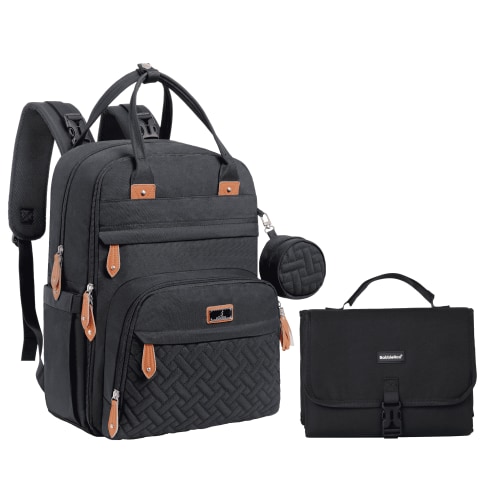 BabbleRoo Diaper Bag Backpack, Waterproof Travel Backpack with Premium Changing Pad Set –Black