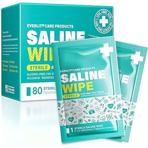 Saline Wipes | 80 Pcs Sterile Wet Towelettes Formulated for Sensitive Skin | Nose, Piercing Aftercare, Baby & Kids | No-sting Alcohol-Free Wipes with Aloe Vera | 6" x 8" Extra Large Sheet