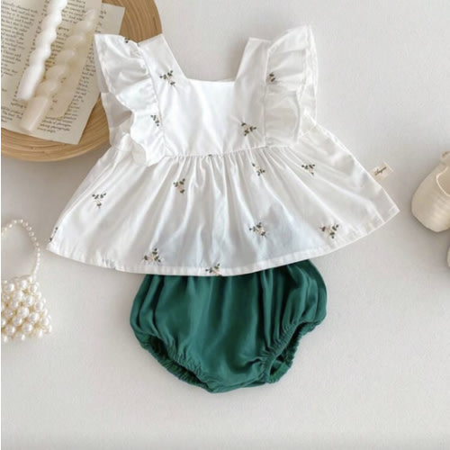 Baby Girl Summer Cap Sleeve Top And Solid Colored Shorts Set With Floral Design
