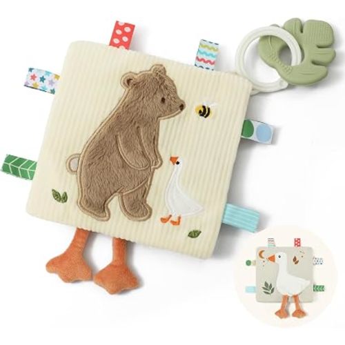let's make Bear & Goose Baby Lovey with Sensory Tags, Crinkle Toy, Clip-On Stroller Security Blanket Featuring Silicone Teether Shower Gift