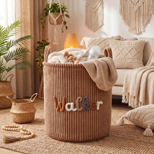 Custom Name Corduroy Toy & Laundry Basket | Personalized Nursery Storage Bin, Kids Organizer, Soft Fabric Hamper, Baby Room Decor