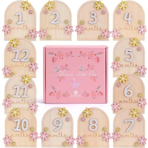Monthly Baby Milestone Signs - Baby Monthly Milestone Wooden Circles for 1-12 Month Photos & Gender Neutral Announcement Cards (Flower Ready-to-Use)