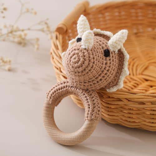 Wooden Baby Rattle, Crochet Dinosaur Rattle, Newborn Wooden Animal Rattle Toy, Infant Rattle Toys