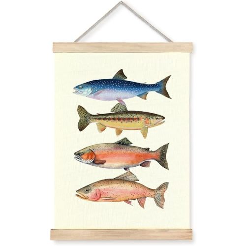bitCNY Vintage Trout Fish Canvas Wall Art Poster Framed, Coastal Nautical Beach Fishing Art Wall Prints for Lake Beach House Home Bathroom Living Room Decor, 12x16 Inch