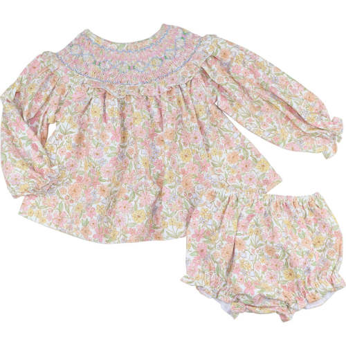 Pink And Blue Corduroy Smocked Fall Floral Diaper Set