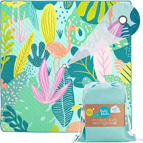 Rudie Nudie Jumbo Beach Mat with Umbrella Hole, 6'7" x 6'7" Waterproof Sandproof Picnic Blanket, Large Foldable Sand Free Beach Blankets for Park, Outdoor Portable Picnic Mat for Grass, Sand & Lawn