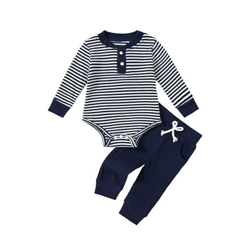 Baby Boy Clothes Ribbed Knit Fall Winter Romper and Pants Outfits | Long sleeve Striped Oufits, Ralph Lauren Neck, Snap Button Closure, Solid Jumpsuit Pants