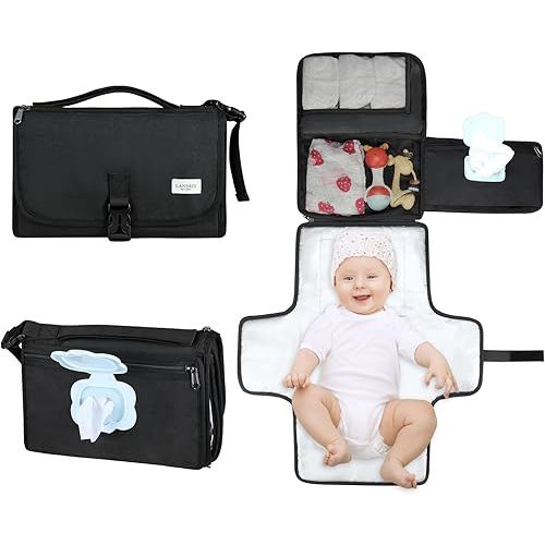 LANDICI Portable Diaper Changing Pad for Newborn Girl & Boy, Travel Waterproof Baby Changing Pad with Smart Wipes Pocket, Detachable Diaper Changing Mat, Gifts for Baby Newborn Essentials, Black