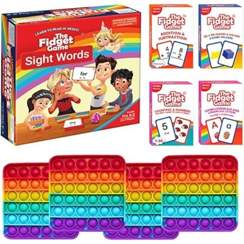 THE FIDGET GAME Kindergarten Learning Bundle - Flashcards and Pop Fidget Toys for Kids Pre-K to Grade 3 - Learning Activities and Games for High-Frequency Dolch Sight Words - Includes Mats and Dice