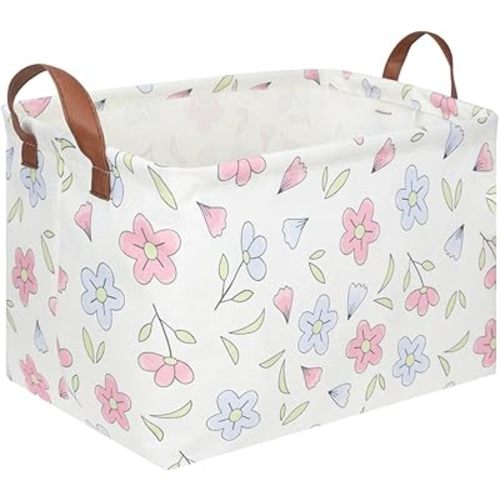 FXOLCSHE Rectangular Flower Basket,kids laundry Hamper,Baby Girls Nursery Hamper,Waterproof foldable Kid's storage basket,Clothes Organizer Basket,Girls Room Decor(Blue flowers)