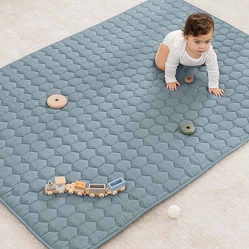 Comfy Cubs Rectangle Kids Play Mat - Medium 48 x 72 inches Soft Quilted Baby Floor Mat with Non-Slip Bottom - Plush Design for Toddlers Playtime - Comfortable and Durable - Pacific Blue