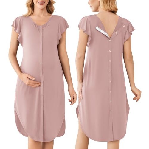 Ekouaer Labor and Delivery Gown for Hospital Nursing Nightgown with Button | Open Back Postpartum Nightdress，Birthing/Pregnancy Flying Short Sleeve Dress, Mom Essentials with Button，C-section Clothes